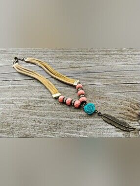 Stylish Turquoise Rose & Coral Beaded, Tan Leather Necklace